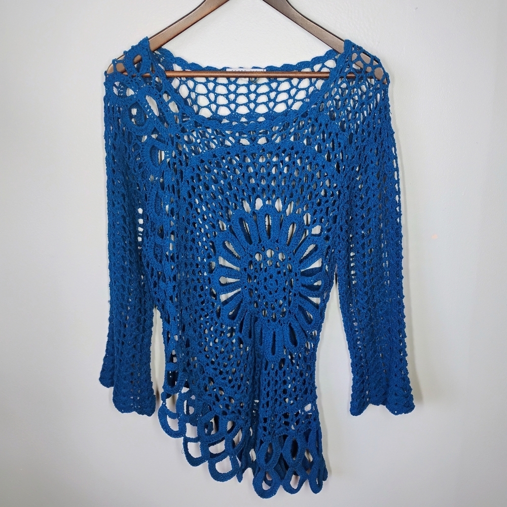 Tempo Paris Asymmetrical Open Knit Top Womens Medium Blue Crochet Boho Lagenlook - Picture 10 of 10